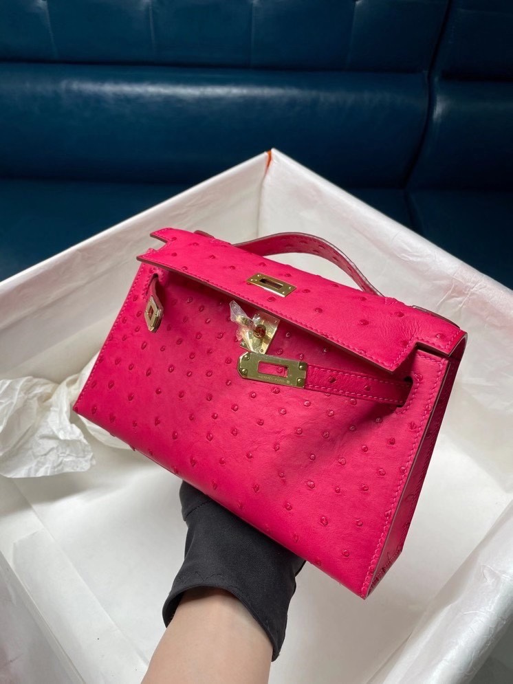 Hermes Mini Kelly Pochette 22cm Bag In Rose Red Ostrich Leather